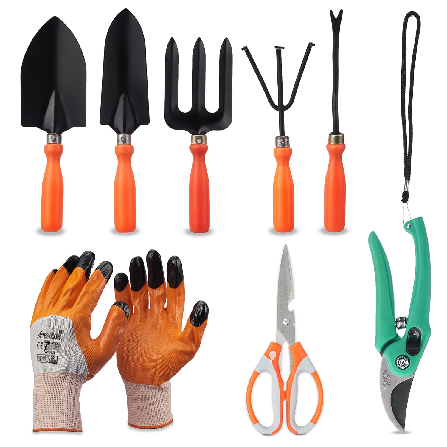 Ps Ricca | 1.Trowel | 2.Small Trowel | 3.Cultivator | 4.Fork | 5.Weeder | 6.Scissors | 7.Flower Cutter | 8.Gloves