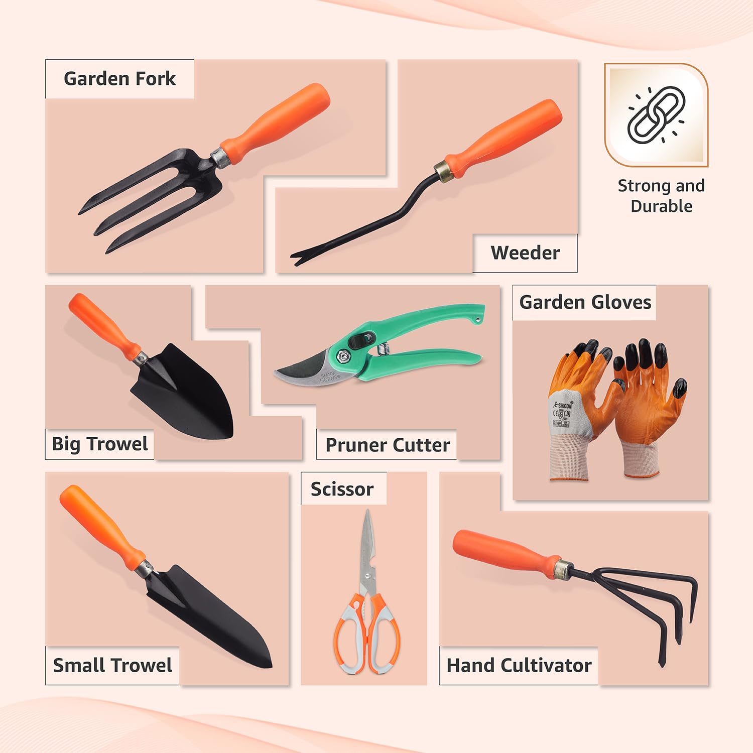 Ps Ricca | 1.Trowel | 2.Small Trowel | 3.Cultivator | 4.Fork | 5.Weeder | 6.Scissors | 7.Flower Cutter | 8.Gloves